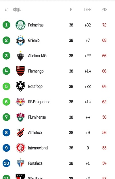 巴西甲组联赛积分榜ds 最新积分排名